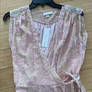 Women NWT Yumi Kim Blush Pink Satin Velvet Floral Midi Wrap Dress S Sleeveless